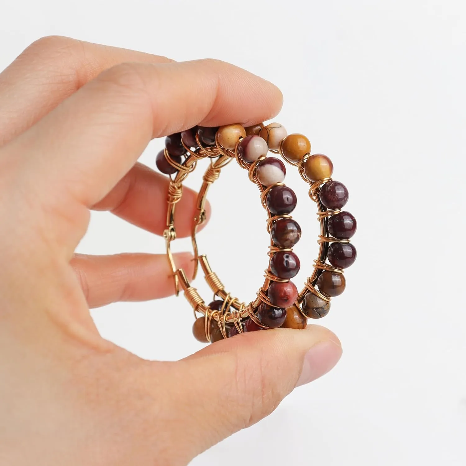 Handmade Natural Stone Beaded Large Gold Chunky Hoop Earrings for Women Girls, Statement Boho Crystal Gemstone Beads Huggie Earrings Hypoallergenic Prom Holiday Jewelry Gift