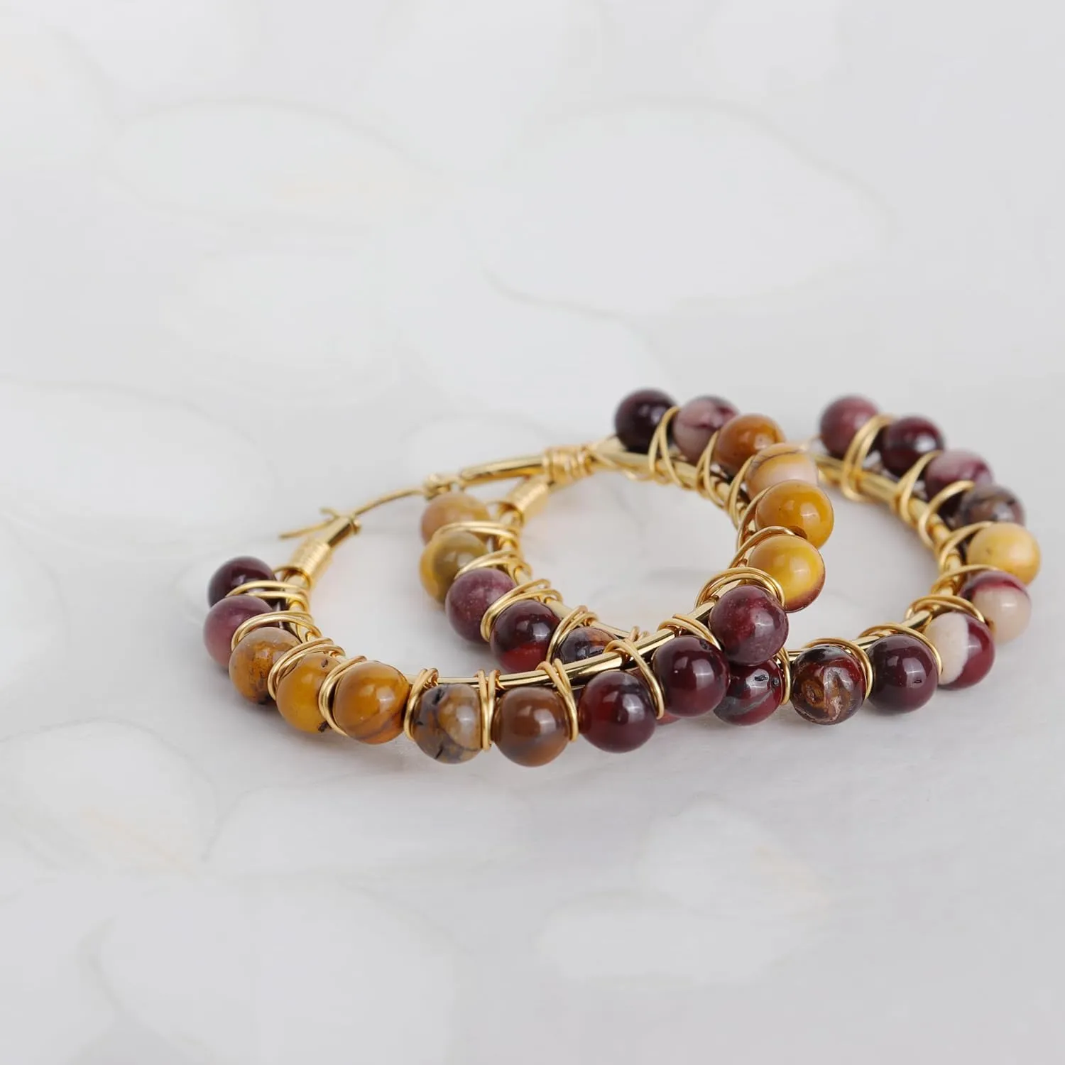 Handmade Natural Stone Beaded Large Gold Chunky Hoop Earrings for Women Girls, Statement Boho Crystal Gemstone Beads Huggie Earrings Hypoallergenic Prom Holiday Jewelry Gift