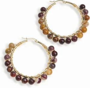 Handmade Natural Stone Beaded Large Gold Chunky Hoop Earrings for Women Girls, Statement Boho Crystal Gemstone Beads Huggie Earrings Hypoallergenic Prom Holiday Jewelry Gift