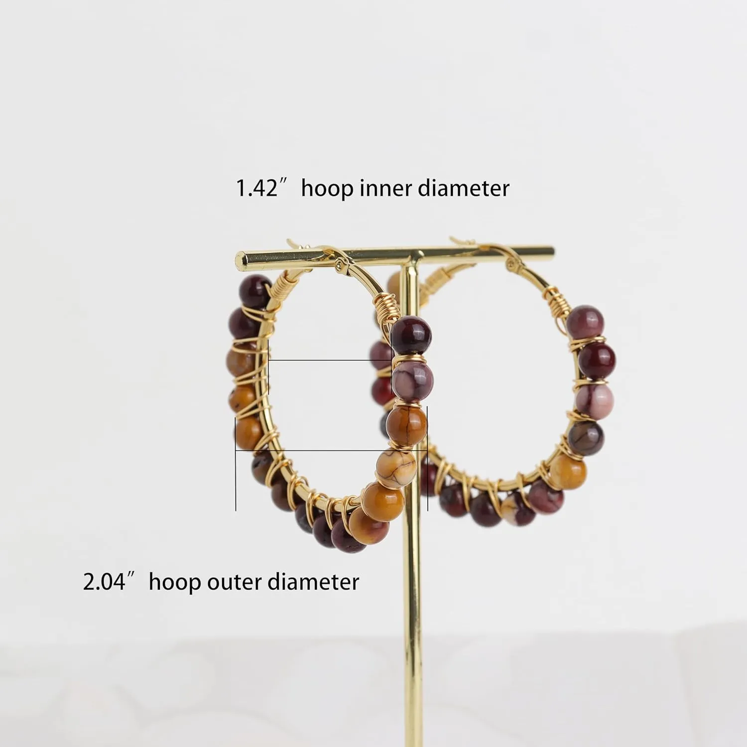 Handmade Natural Stone Beaded Large Gold Chunky Hoop Earrings for Women Girls, Statement Boho Crystal Gemstone Beads Huggie Earrings Hypoallergenic Prom Holiday Jewelry Gift