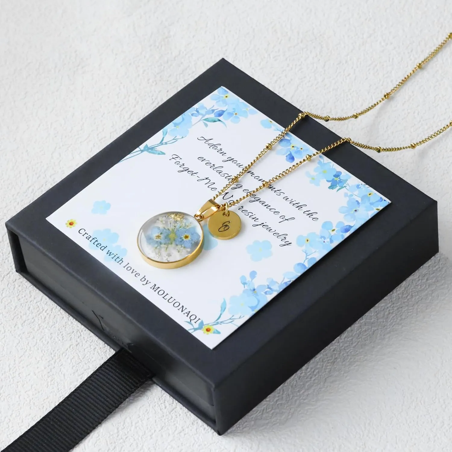 Handmade Pressed Forget-Me-Not Flower Initial Necklace - Real Flower Resin Pendant - Personalized Floral Jewelry Gift for Women - Elegant Botanical Keepsake