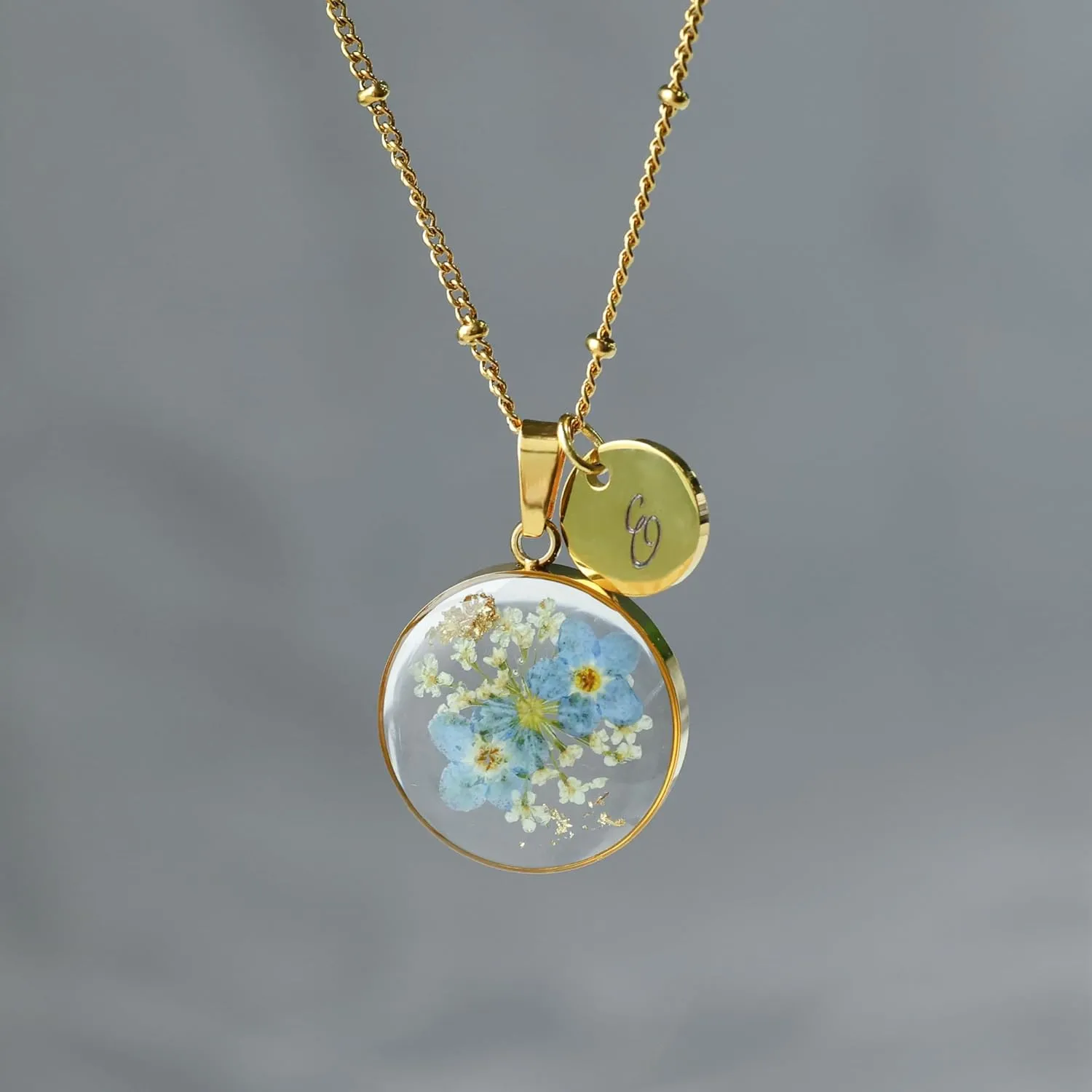 Handmade Pressed Forget-Me-Not Flower Initial Necklace - Real Flower Resin Pendant - Personalized Floral Jewelry Gift for Women - Elegant Botanical Keepsake