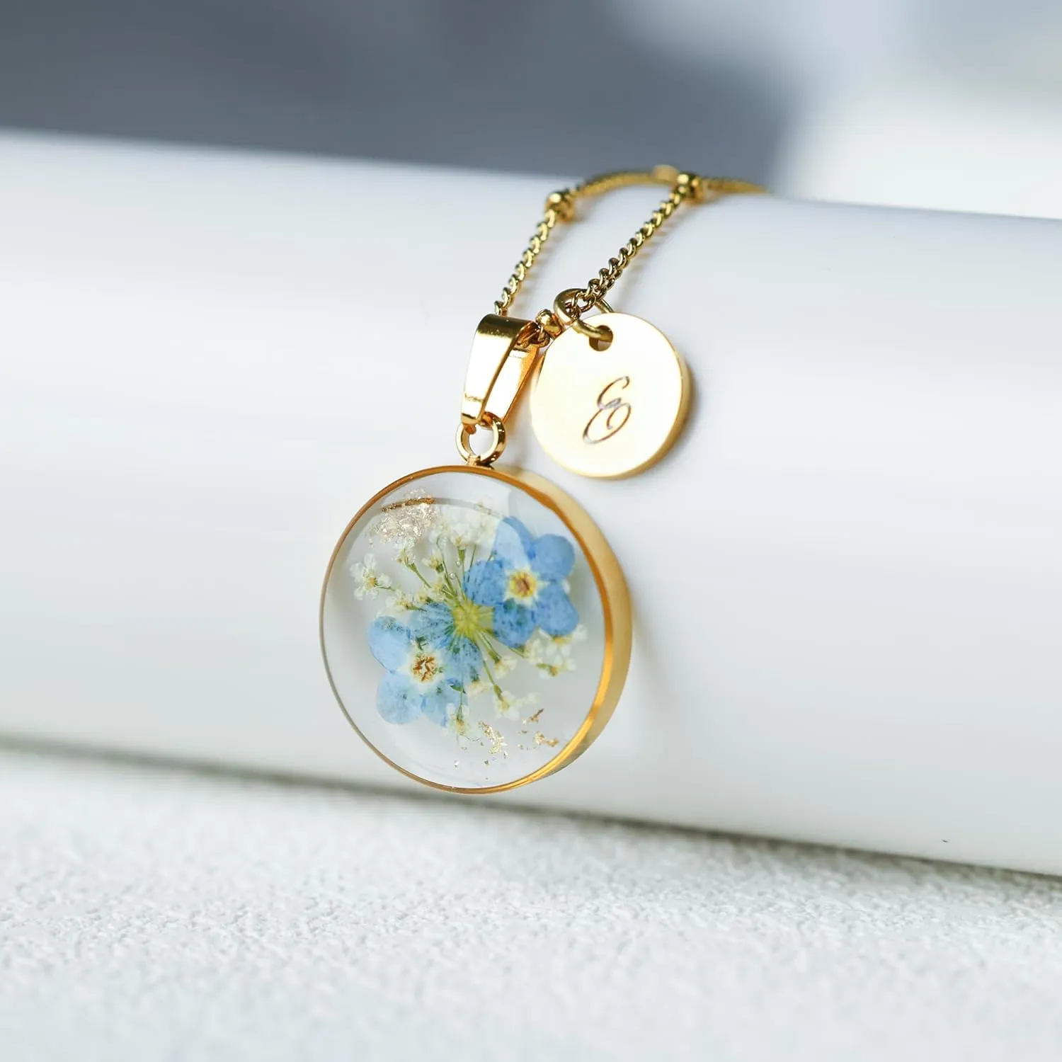 Handmade Pressed Forget-Me-Not Flower Initial Necklace - Real Flower Resin Pendant - Personalized Floral Jewelry Gift for Women - Elegant Botanical Keepsake