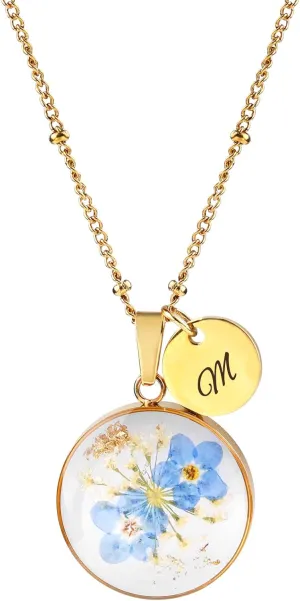 Handmade Pressed Forget-Me-Not Flower Initial Necklace - Real Flower Resin Pendant - Personalized Floral Jewelry Gift for Women - Elegant Botanical Keepsake
