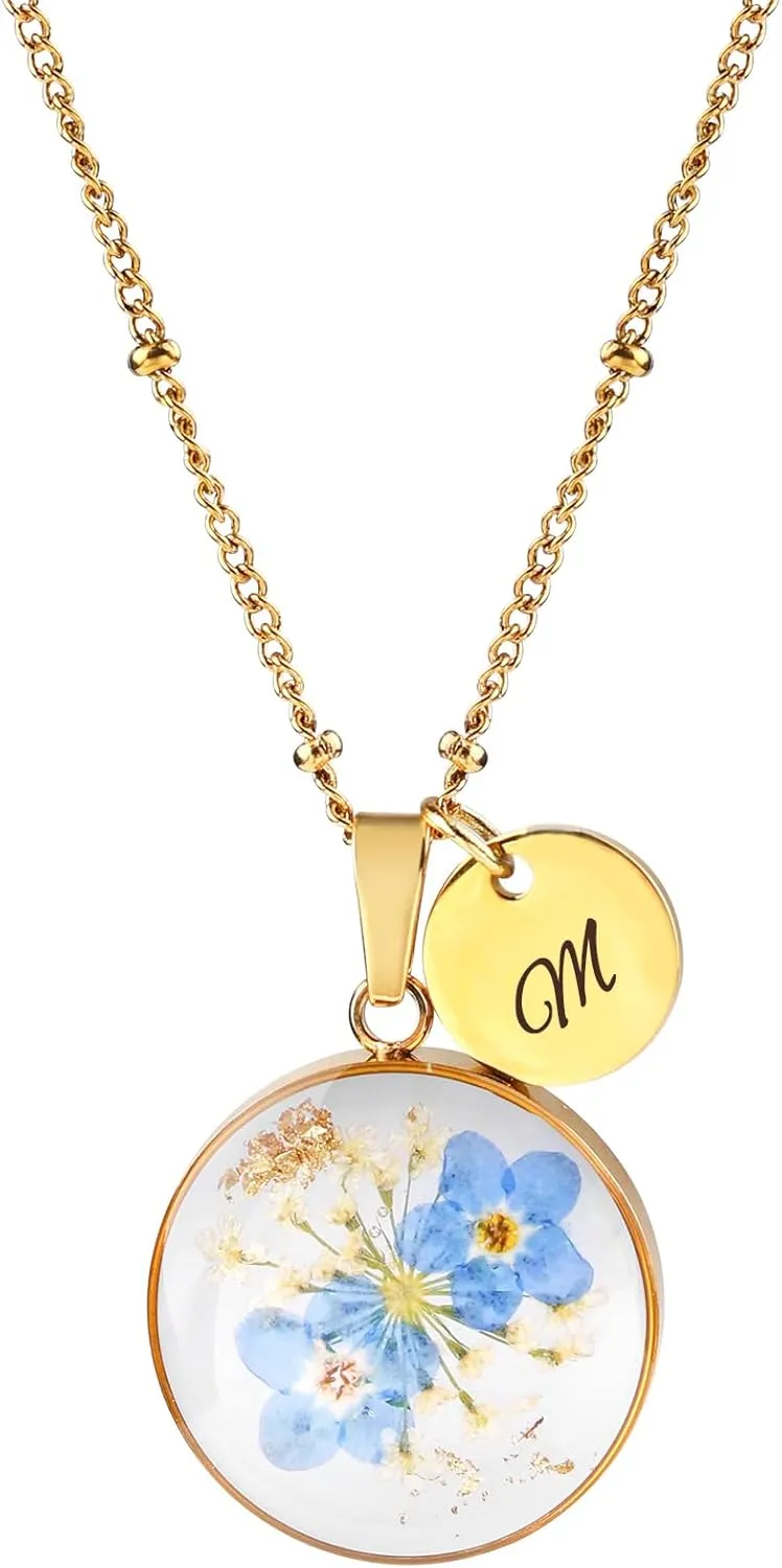 Handmade Pressed Forget-Me-Not Flower Initial Necklace - Real Flower Resin Pendant - Personalized Floral Jewelry Gift for Women - Elegant Botanical Keepsake
