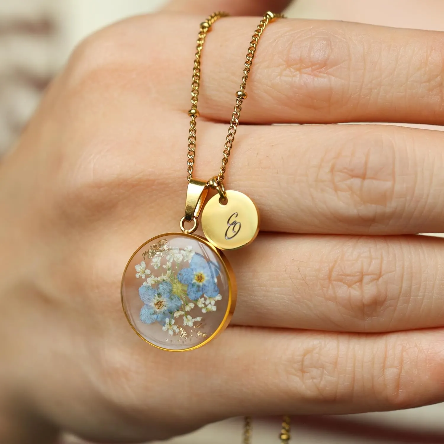 Handmade Pressed Forget-Me-Not Flower Initial Necklace - Real Flower Resin Pendant - Personalized Floral Jewelry Gift for Women - Elegant Botanical Keepsake
