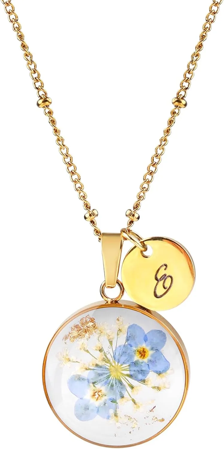 Handmade Pressed Forget-Me-Not Flower Initial Necklace - Real Flower Resin Pendant - Personalized Floral Jewelry Gift for Women - Elegant Botanical Keepsake