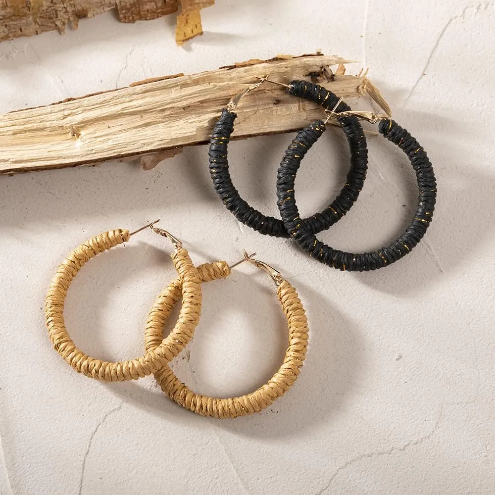 Handmade Rattan Earrings - Large Circle Braided Straw Wicker Drop Earrings - Light Weight Summer Hoops