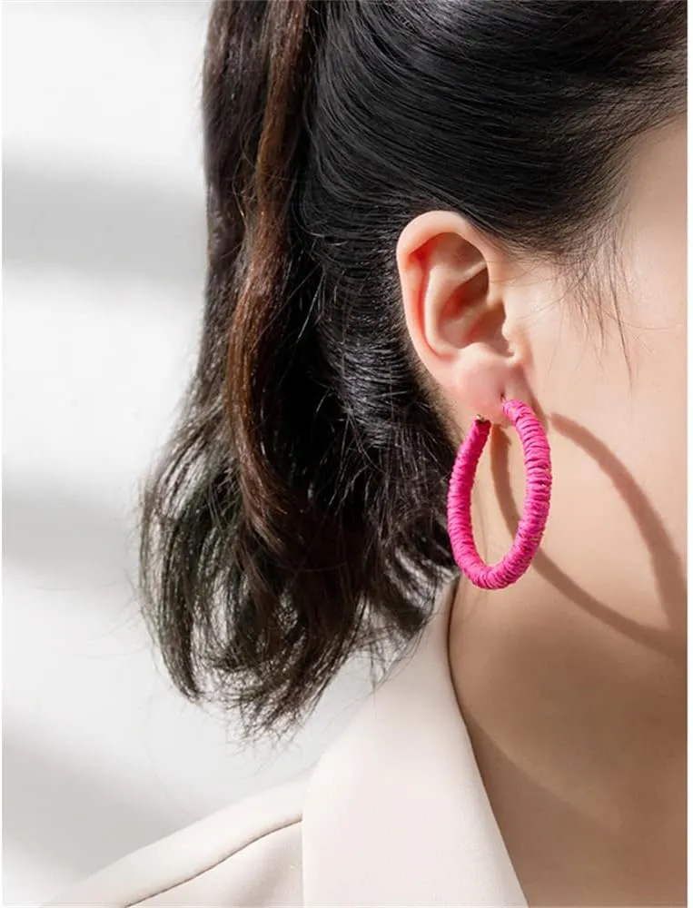 Handmade Rattan Earrings - Large Circle Braided Straw Wicker Drop Earrings - Light Weight Summer Hoops
