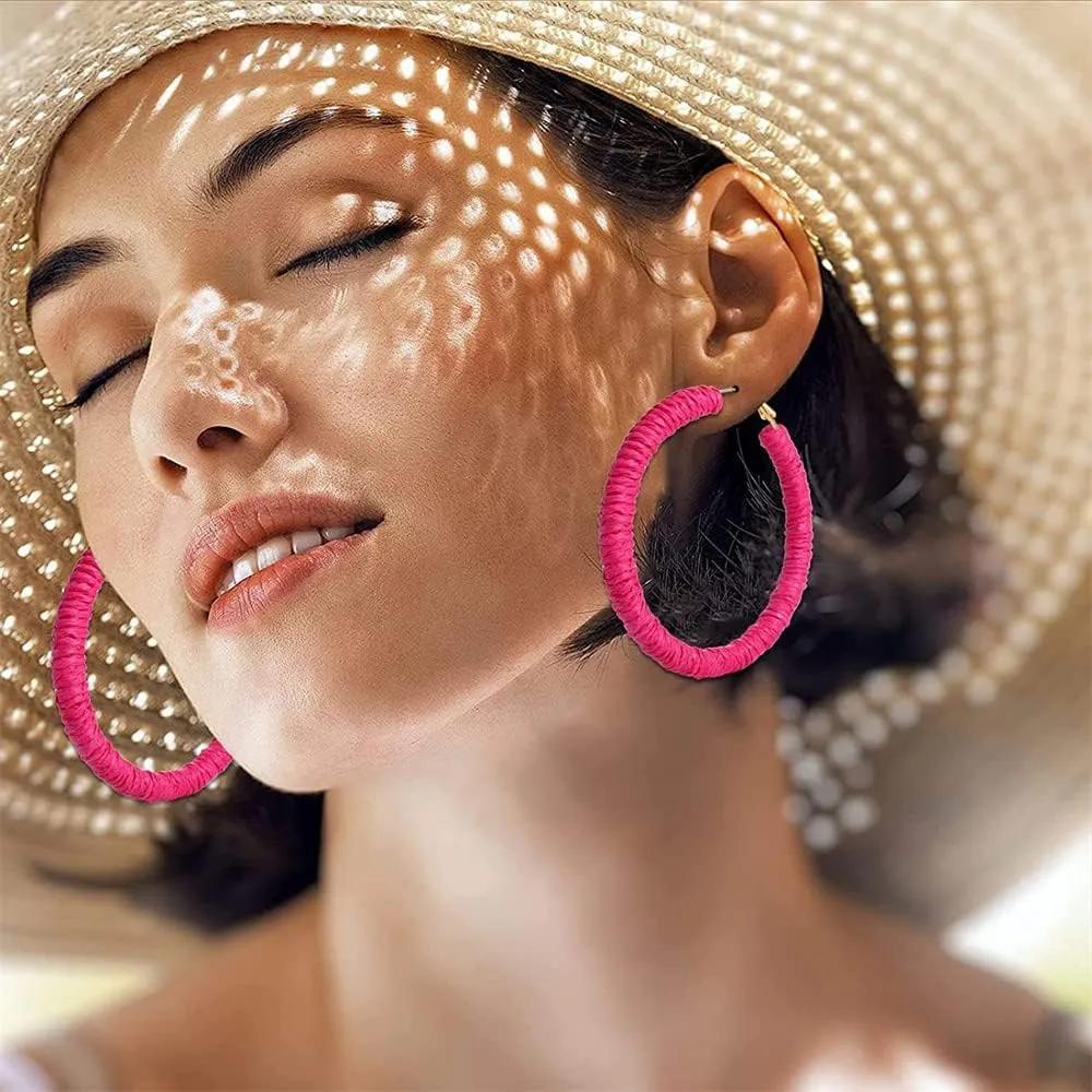 Handmade Rattan Earrings - Large Circle Braided Straw Wicker Drop Earrings - Light Weight Summer Hoops