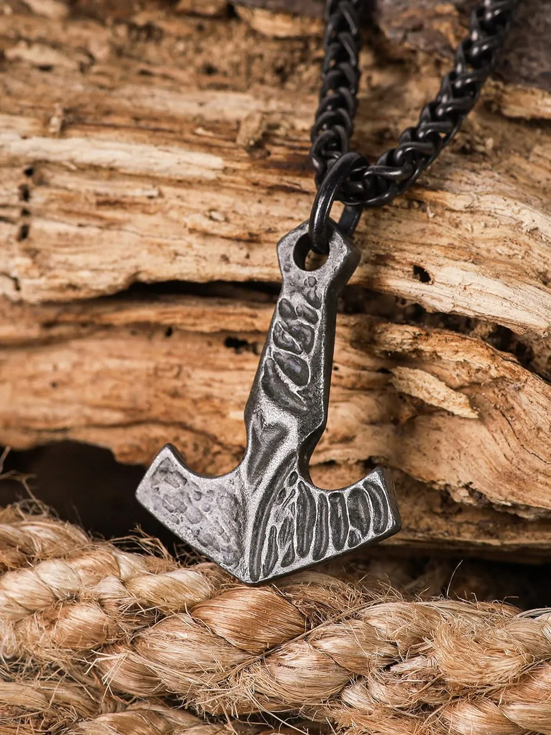 HAQUIL Viking Mjolnir Necklace, Antique Thor Hammer Amulet Pendant, Wheat Chain, Viking Jewelry Gift for Men and Women