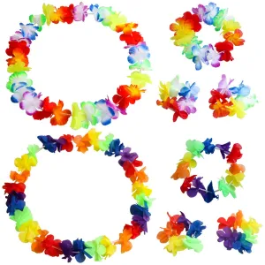 Hawaiian Leis Luau Tropical Headband Flower Crown Wreath Headpiece Wristbands Women Girls Floral Necklace Bracelets Hair Band For Summer Beach Vacation Pool Party Decorations Favors Supplies Colorful