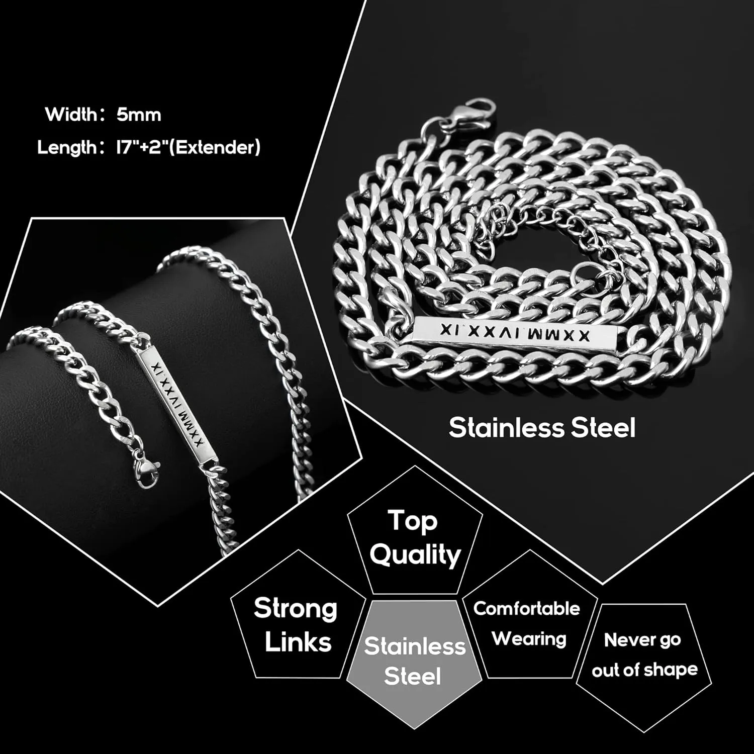 HELLOICE Custom Name Necklace 5mm Cuban Chain Link Personalized Openwork Engraved 18K Gold Plated Stainless Steel Cuban Chain ID Necklace with 17" 2"(Extender) for Men and Women