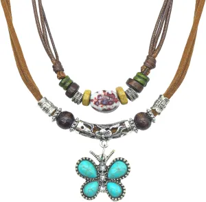 HETICA Boho Necklace for Women, Vintage Turquoise Butterfly Necklace Adjustable Wooden Beads Layered Braided Necklace Fashion Tribal Style Leather Rope Necklace Jewelry, Brown,Green