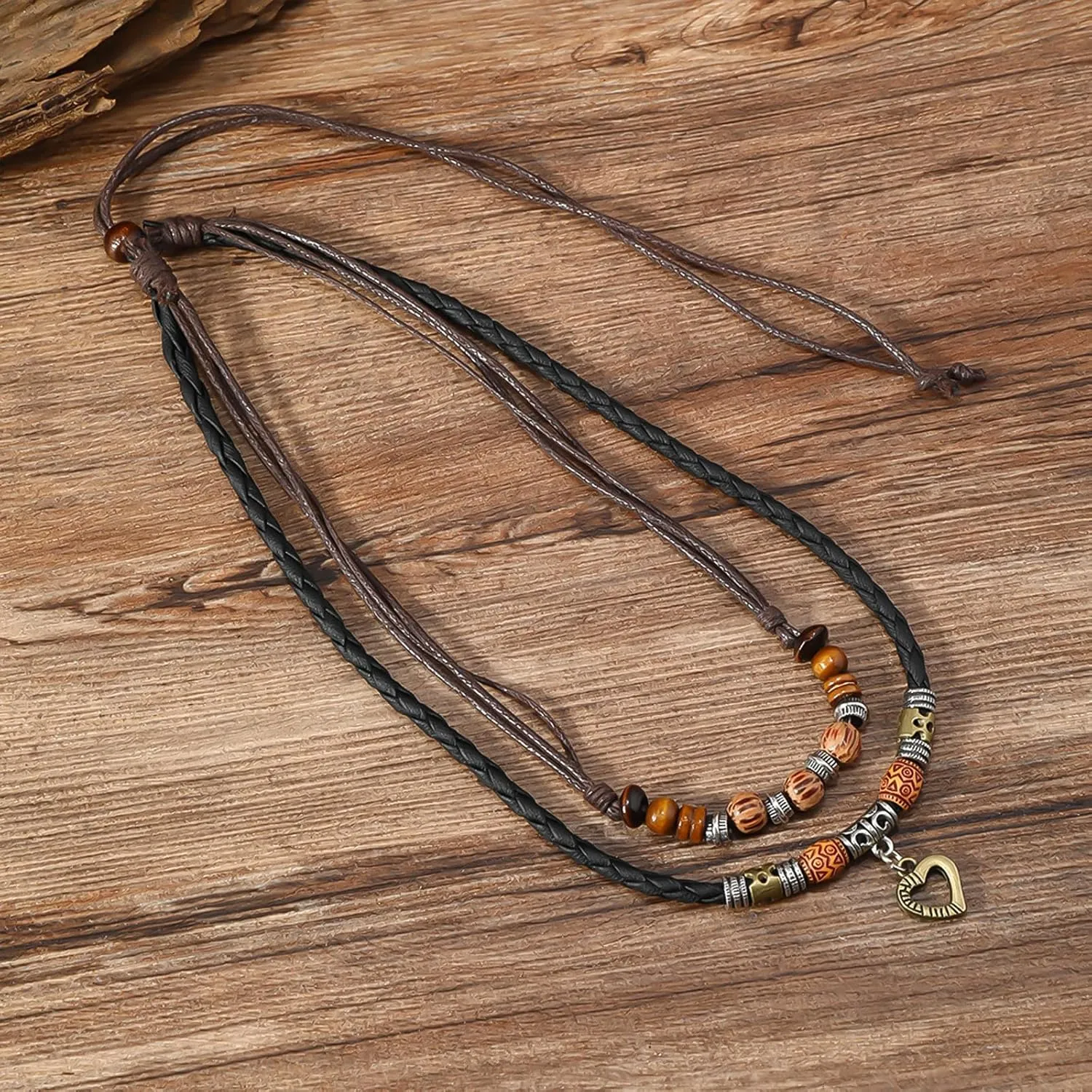 HETICA Western Layered Boho Wood Beads Choker Necklace Luck Copper Coins Heart Shaped Flower Braided Necklace Retro Fashion Adjustable Hemp Cords Wood Beads Beaded Choker Necklace for Women