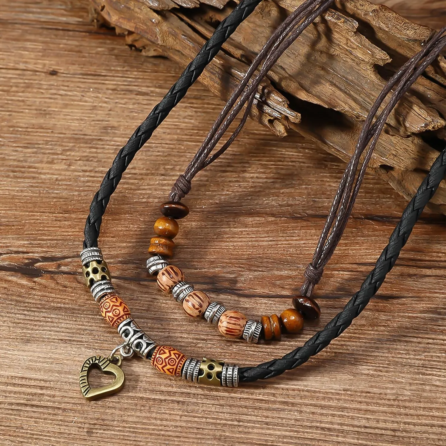 HETICA Western Layered Boho Wood Beads Choker Necklace Luck Copper Coins Heart Shaped Flower Braided Necklace Retro Fashion Adjustable Hemp Cords Wood Beads Beaded Choker Necklace for Women
