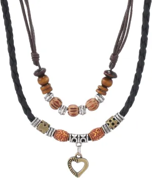 HETICA Western Layered Boho Wood Beads Choker Necklace Luck Copper Coins Heart Shaped Flower Braided Necklace Retro Fashion Adjustable Hemp Cords Wood Beads Beaded Choker Necklace for Women