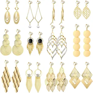 Hicarer 12 Pairs Clip on Earrings Dangle Drop Dangle Earrings Set Bohemian Tassel Pendant Plated Ear Non Piercing for Women Jewelry Gifts Wedding Party