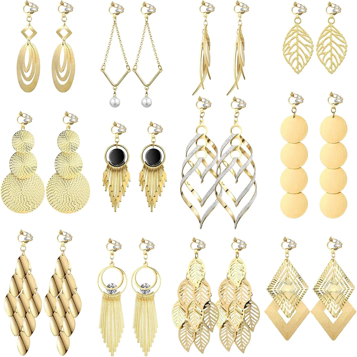 Hicarer 12 Pairs Clip on Earrings Dangle Drop Dangle Earrings Set Bohemian Tassel Pendant Plated Ear Non Piercing for Women Jewelry Gifts Wedding Party