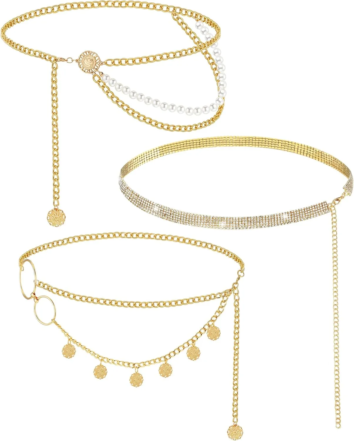 Hicarer 3 Pcs Silver Gold Waist Chain for Body Multi Layer Metal Chain Belts for Women Girls Summer Beach Jewelry Adjustable