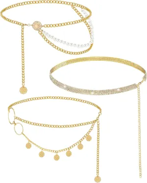 Hicarer 3 Pcs Silver Gold Waist Chain for Body Multi Layer Metal Chain Belts for Women Girls Summer Beach Jewelry Adjustable