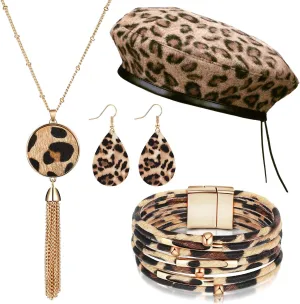 Hicarer 4 Pieces Women Leopard Jewelry Set Leopard Earring French Beret Hat Leather Bracelet Earring Necklace