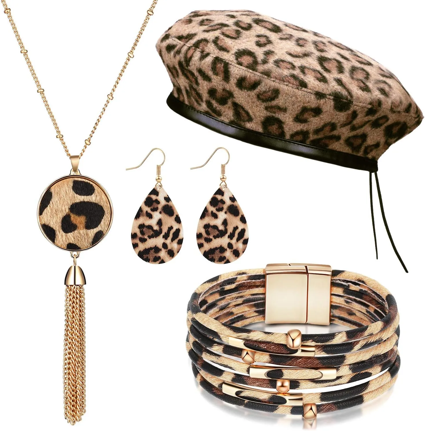 Hicarer 4 Pieces Women Leopard Jewelry Set Leopard Earring French Beret Hat Leather Bracelet Earring Necklace