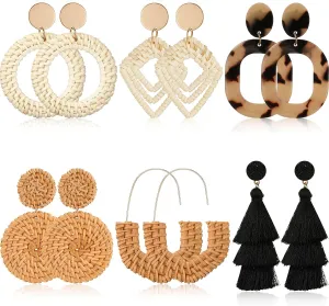 Hicarer 6 Pair Rattan Earrings Straw Tassel Bohemian Earrings for Girl Women Summer Beach Party