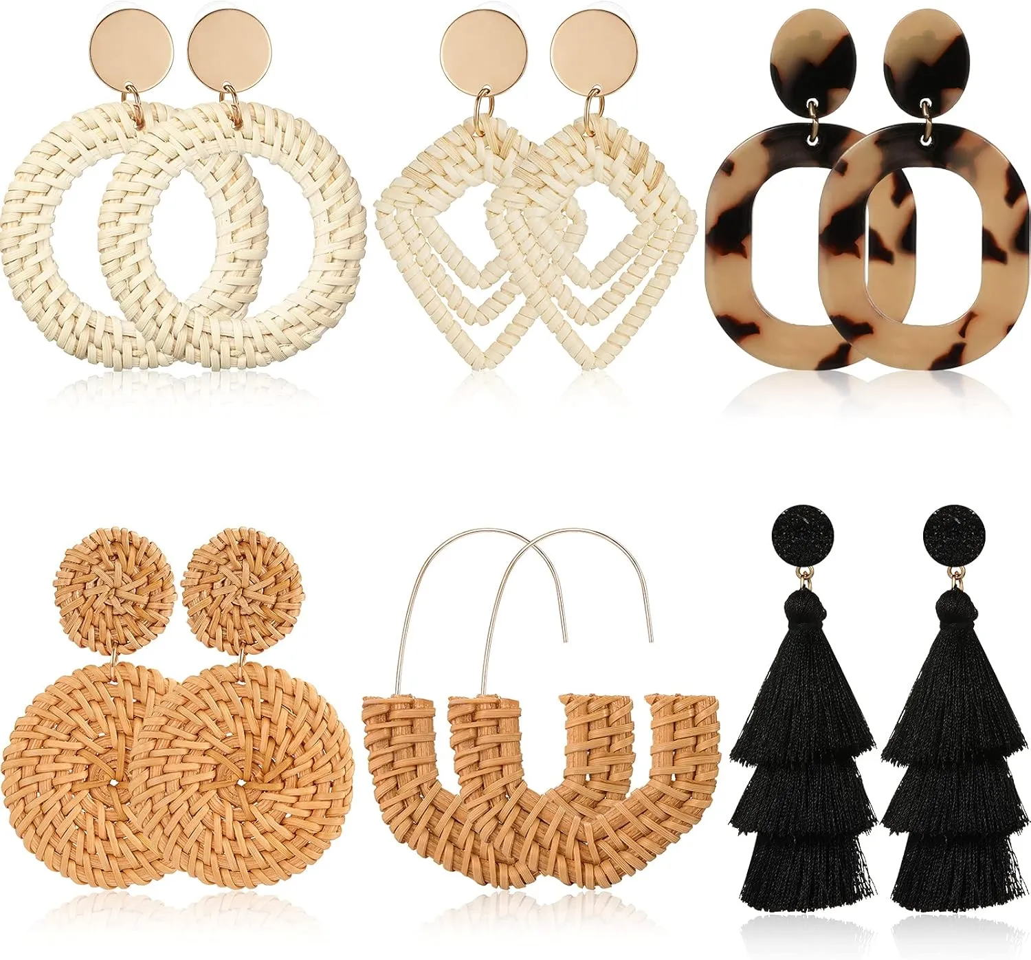 Hicarer 6 Pair Rattan Earrings Straw Tassel Bohemian Earrings for Girl Women Summer Beach Party