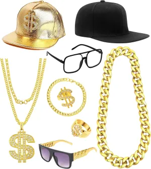 Hip Hop Costume 80s 90s Outfit for Men Dollar Sign Necklace Fake Gold Chain Bracelet Money Chain Rapper Accessories