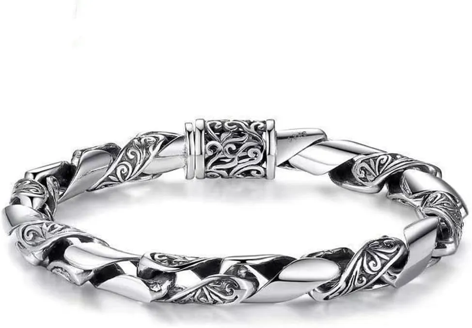 Hip-hop Stainless Steel Bracelet for Men, Hollowed Titanium Link Chain Carved with Ancient Grass Pattern, 21.5cm (8.46 inch)