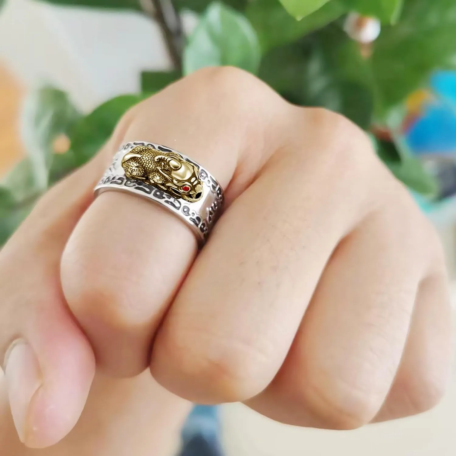 HJ HUAJ Feng Shui PiXiu Mantra Ring - Lucky Wealth Jewelry