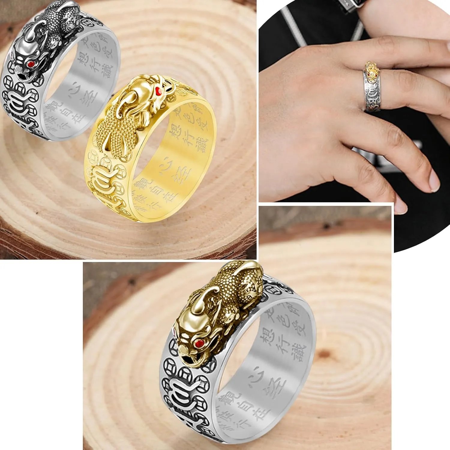 HJ HUAJ Feng Shui PiXiu Mantra Ring - Lucky Wealth Jewelry