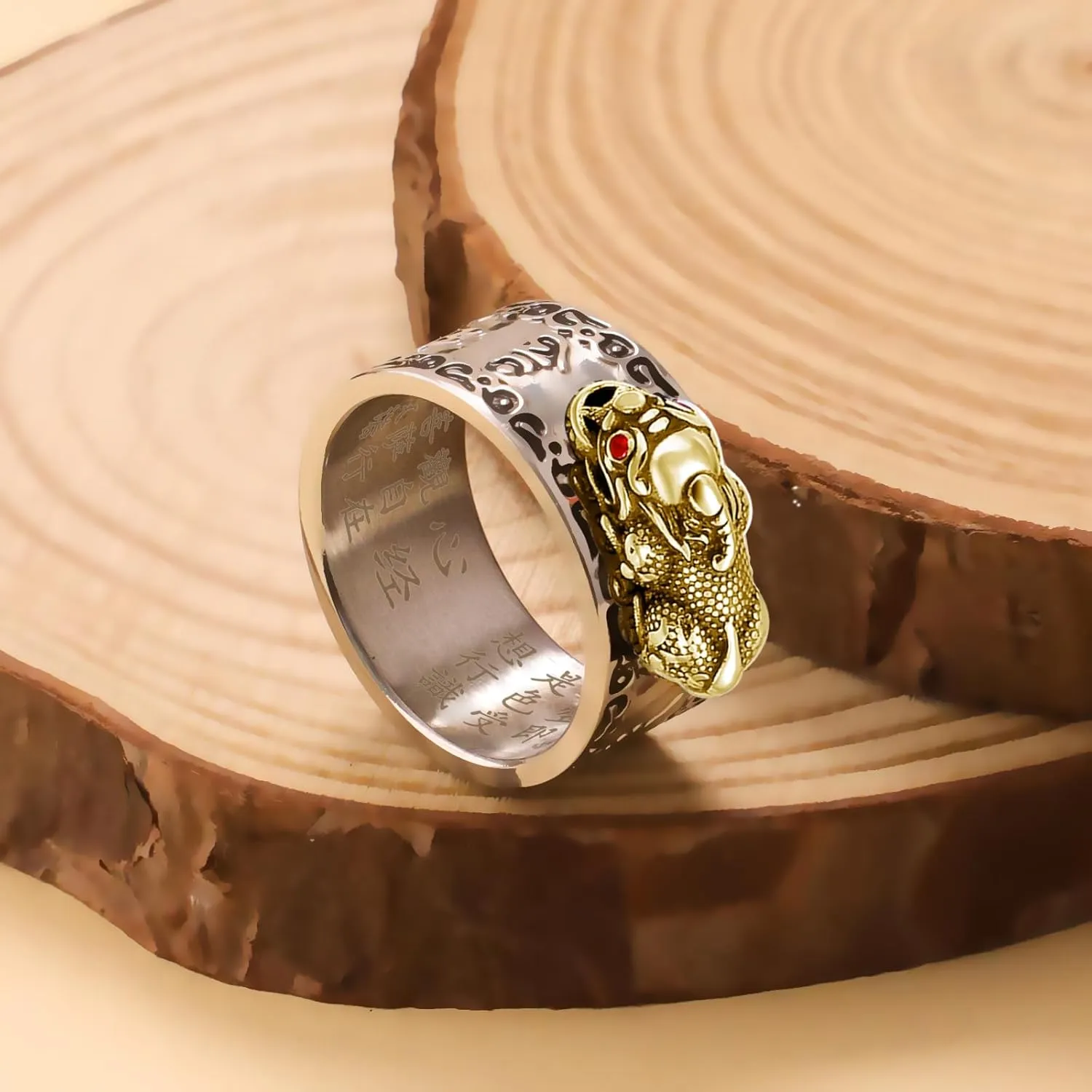 HJ HUAJ Feng Shui PiXiu Mantra Ring - Lucky Wealth Jewelry