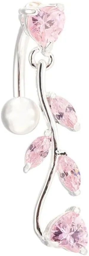HK BEST Fashion Leaves Bell Button Rings Navel Body Belly Piercing Body Jewelry for Women Navel Piercing (White Pink)