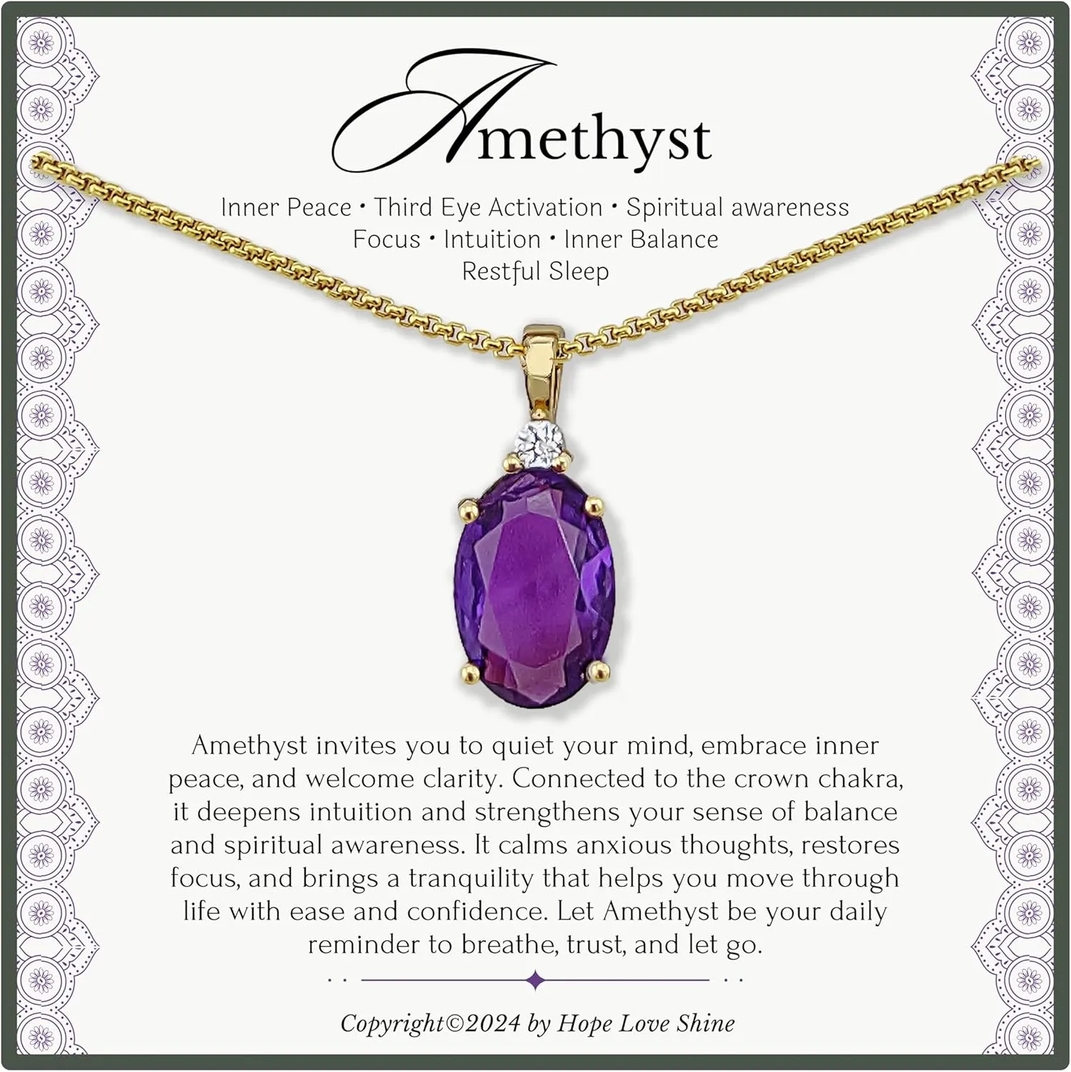 HOPE LOVE SHINE Amethyst Necklace Gift for Women - February Birthstone Jewelry - 18K Gold Plated Spiritual Pendant - Elegant Women's Jewelry Gift for Birthday, Anniversary & More (18 2-inch)