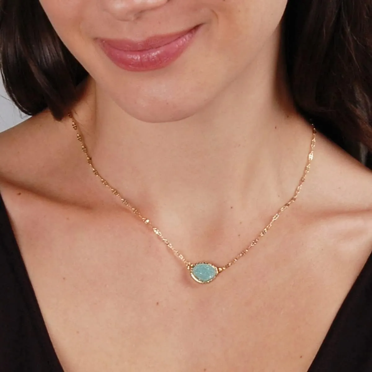 Humble Chic NY Simulated Druzy Pendant Necklace for Women with Sparkly Oval Stone - Gold, Silver, or Rose Gold Tone Chain - 16" with 3" Extender