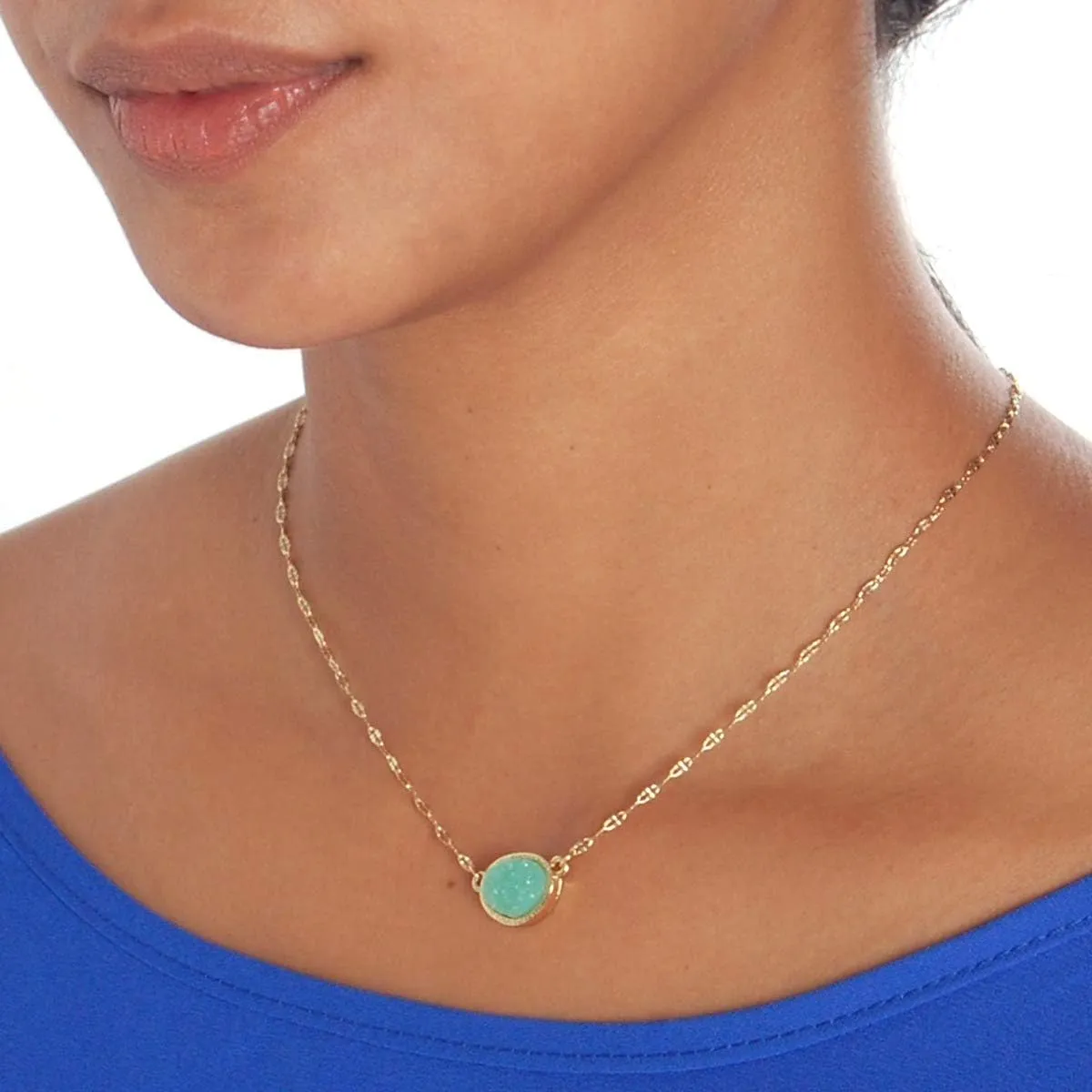 Humble Chic NY Simulated Druzy Pendant Necklace for Women with Sparkly Oval Stone - Gold, Silver, or Rose Gold Tone Chain - 16" with 3" Extender