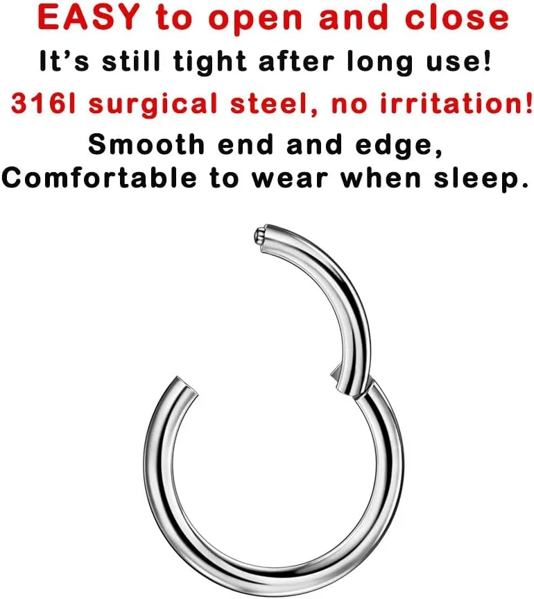 Hypoallergenic Piercing Rings for Women Men 316l Surgical Steel Piercing Rings for Nose Septum Cartilage Helix Tragus Daith Rook Piercing