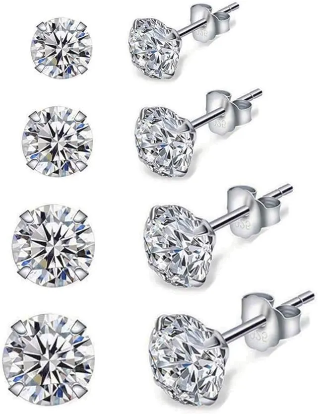 Hypoallergenic Sterling Silver Cubic Zirconia CZ Stud Earrings Set for Womens Mens, Small Round Simulated Diamond Studs for Cartilage Tragus Multi Piercing Ears 3mm / 4mm / 5mm/ 6mm