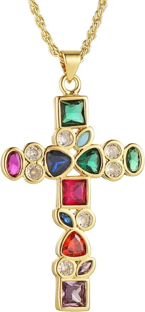 HZMAN Gold Cross Necklace for Women 18K Gold Plated Necklace Dainty Colorful Cubic Zirconia Cross Necklace Pendant Jewelry Gift