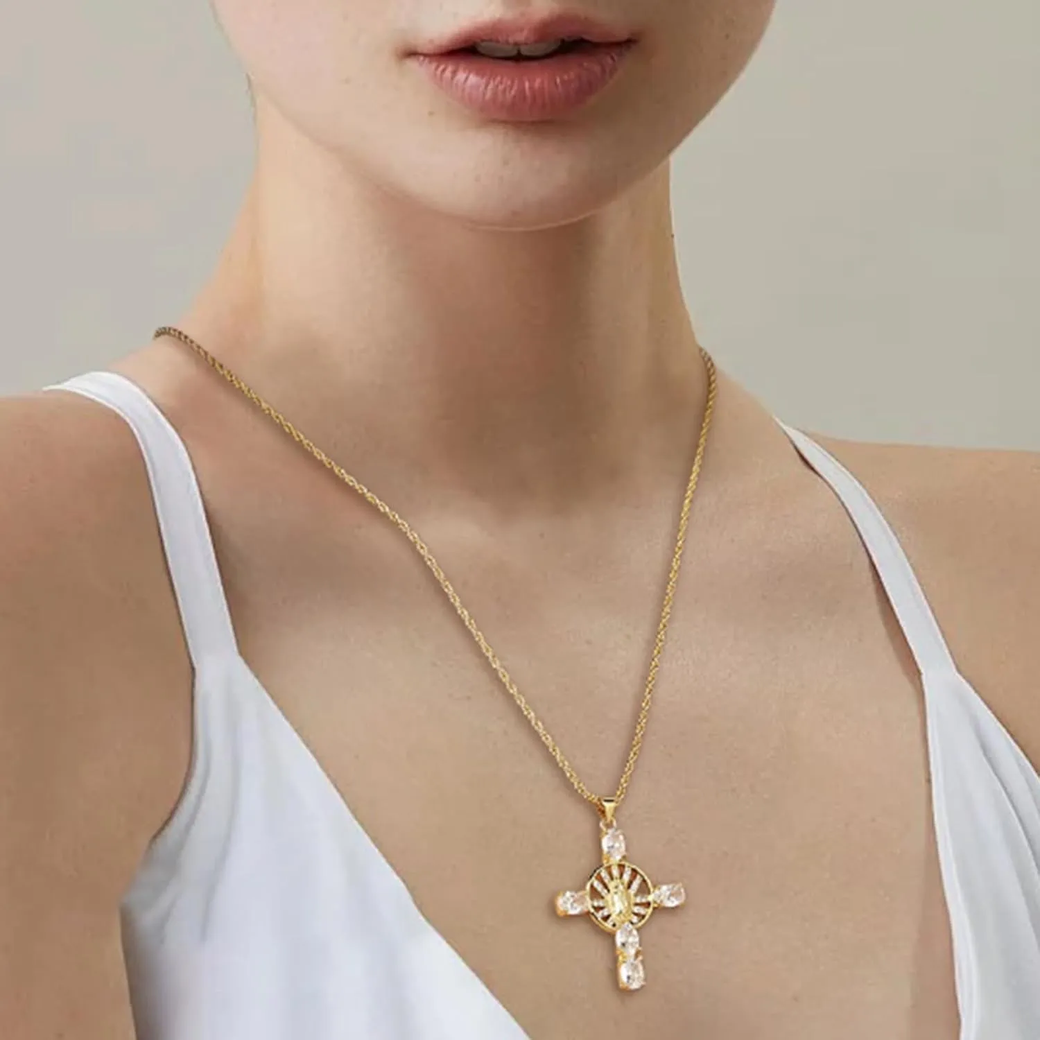 HZMAN Gold Cross Necklace for Women 18K Gold Plated Necklace Dainty Virgin Mary Cubic Zirconia Necklace Pendant Jewelry Gift