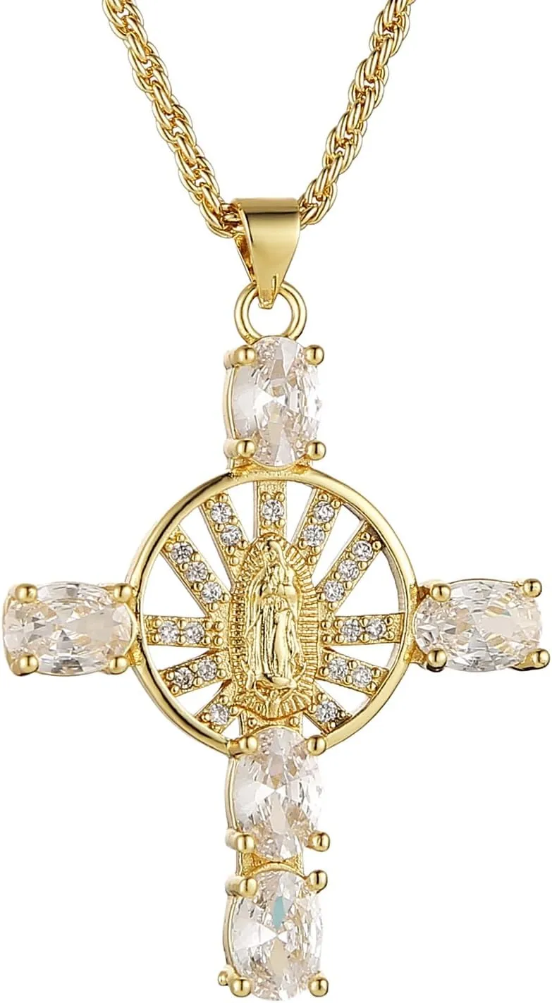 HZMAN Gold Cross Necklace for Women 18K Gold Plated Necklace Dainty Virgin Mary Cubic Zirconia Necklace Pendant Jewelry Gift