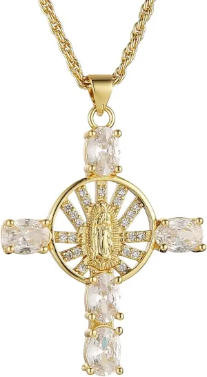 HZMAN Gold Cross Necklace for Women 18K Gold Plated Necklace Dainty Virgin Mary Cubic Zirconia Necklace Pendant Jewelry Gift