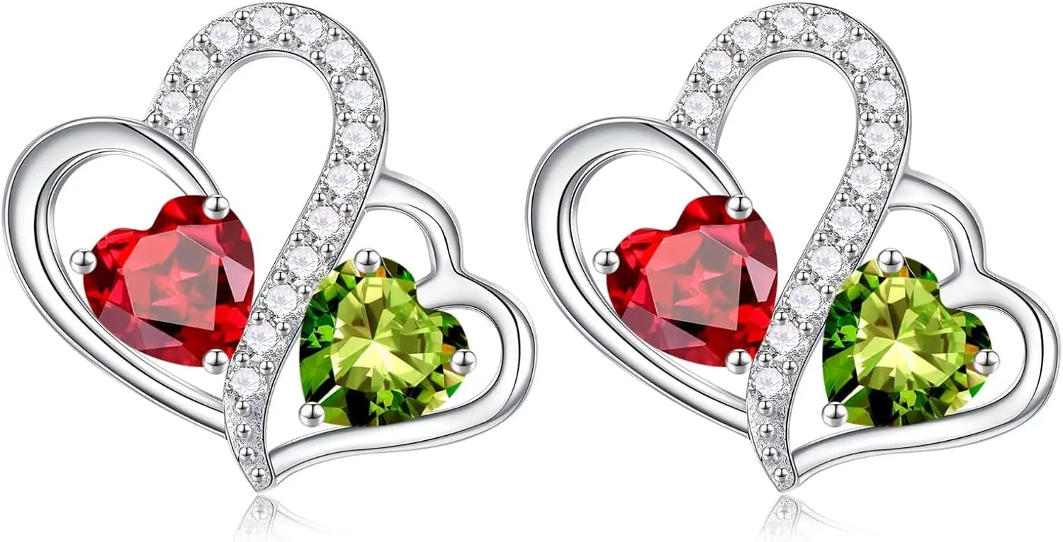 Iefil Birthstone Earrings Gift for Women - 925 Sterling Silver Double Heart Birthstone Earrings | Anniversary Birthday Gifts for Women | Personalized Jewelry Gift for Wife Mom