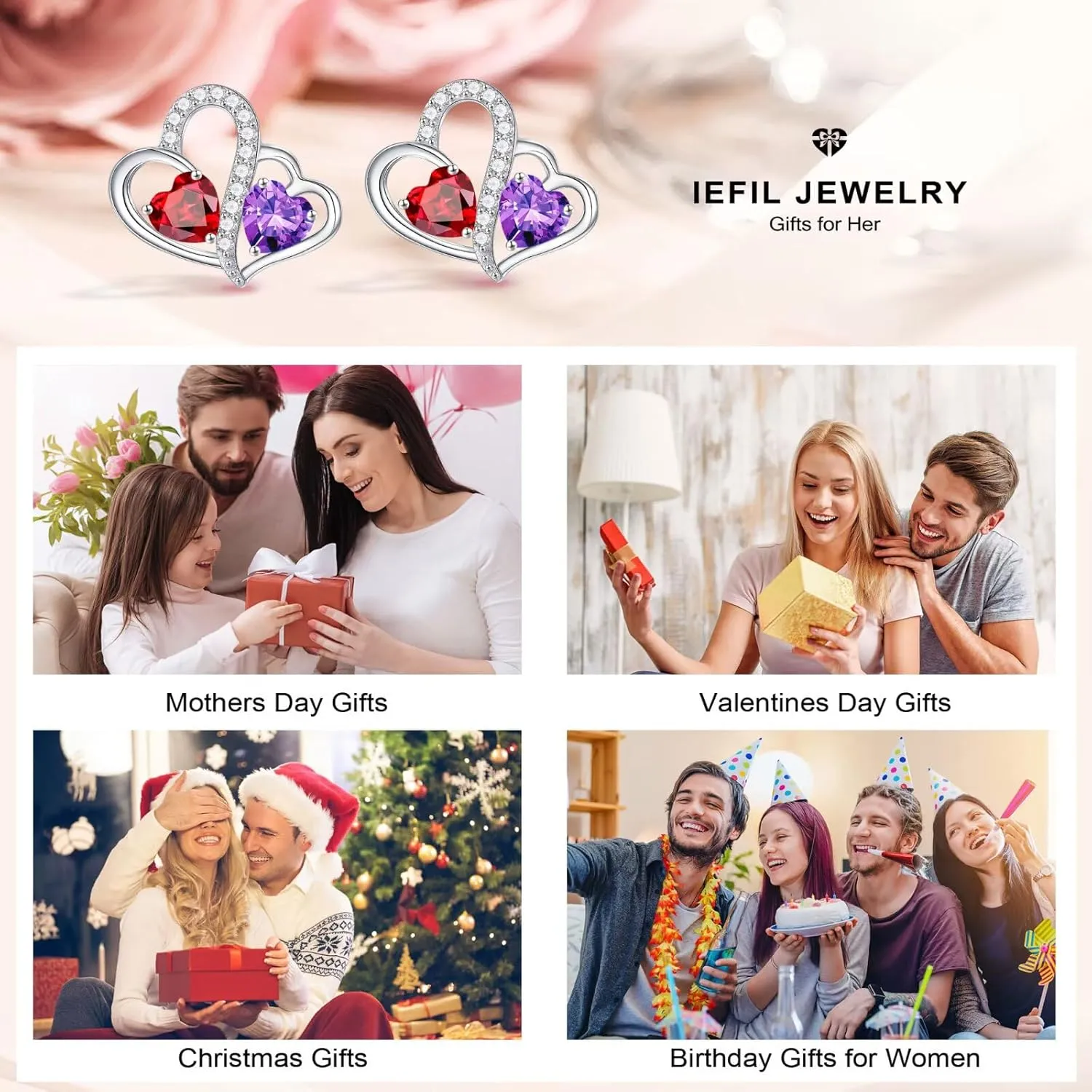 Iefil Birthstone Earrings Gift for Women - 925 Sterling Silver Double Heart Birthstone Earrings | Anniversary Birthday Gifts for Women | Personalized Jewelry Gift for Wife Mom