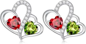 Iefil Birthstone Earrings Gift for Women - 925 Sterling Silver Double Heart Birthstone Earrings | Anniversary Birthday Gifts for Women | Personalized Jewelry Gift for Wife Mom