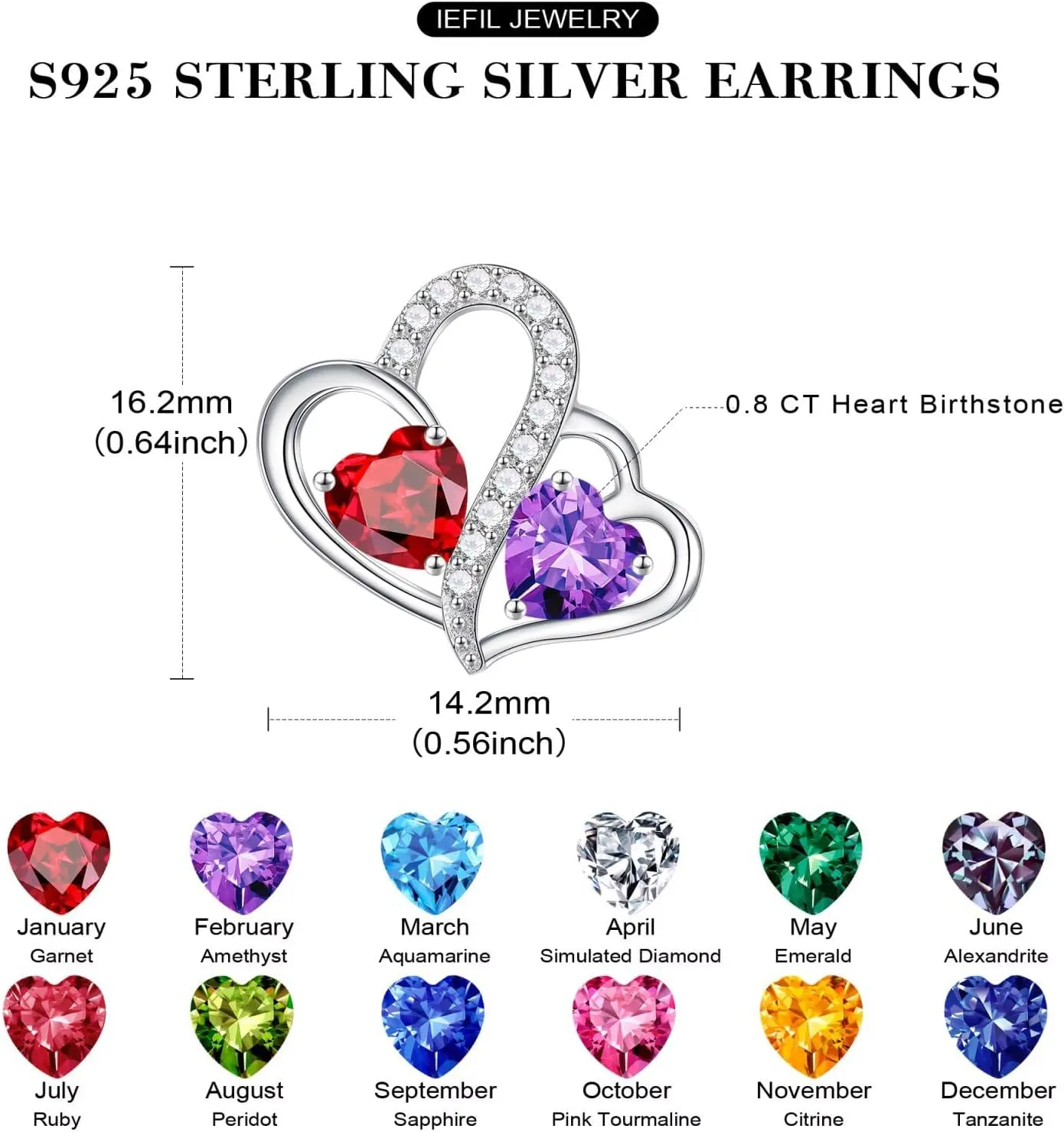 Iefil Birthstone Earrings Gift for Women - 925 Sterling Silver Double Heart Birthstone Earrings | Anniversary Birthday Gifts for Women | Personalized Jewelry Gift for Wife Mom