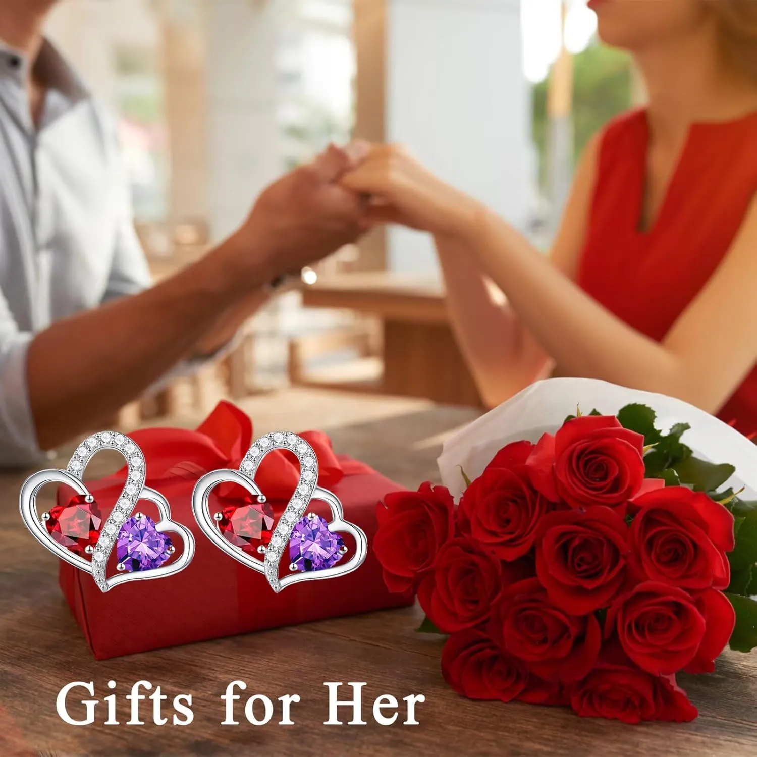 Iefil Birthstone Earrings Gift for Women - 925 Sterling Silver Double Heart Birthstone Earrings | Anniversary Birthday Gifts for Women | Personalized Jewelry Gift for Wife Mom