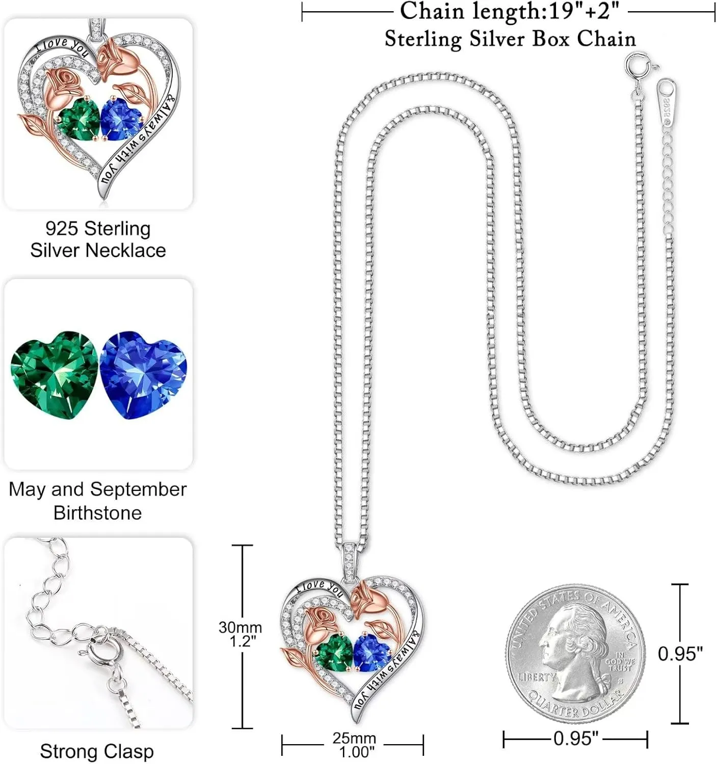 Iefil Birthstone Necklace for Women - 925 Sterling Silver Rose Heart Birthstone Necklace Birthday Anniversary Jewelry Gifts for Her Wife Mom Daughter